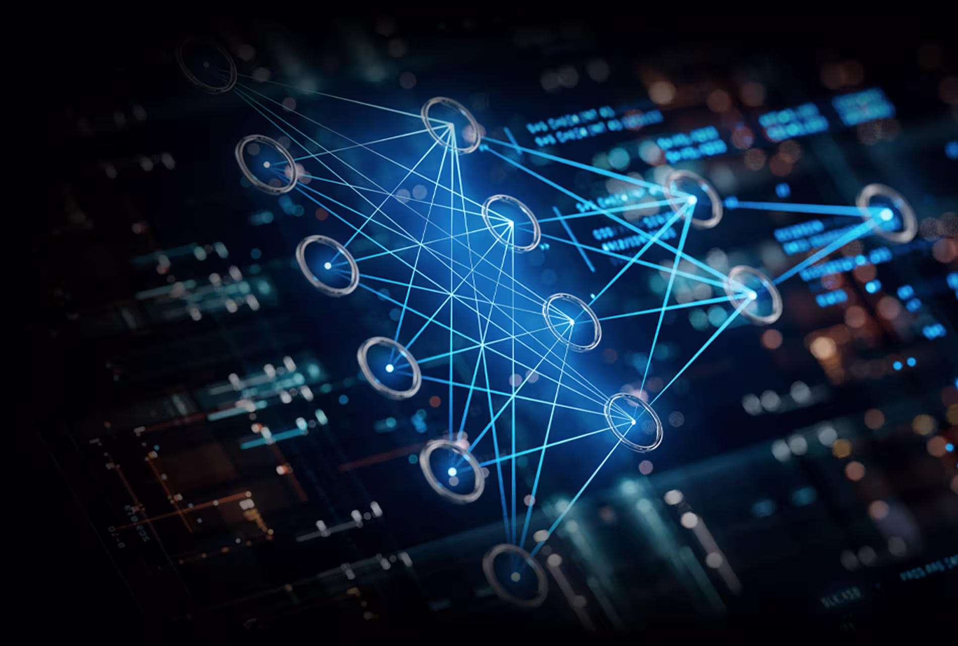 Connection lines between various nodes on a circuit board.