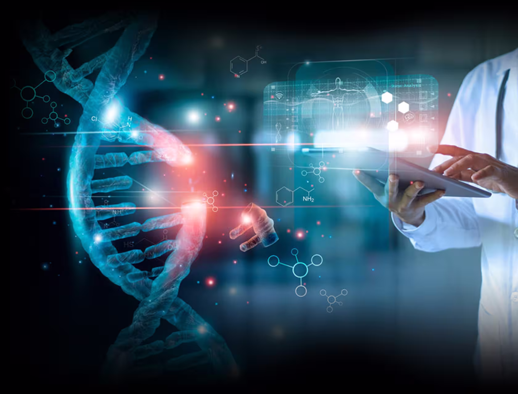 A doctor holding a tablet with a stylized DNA strand projected in front of him.